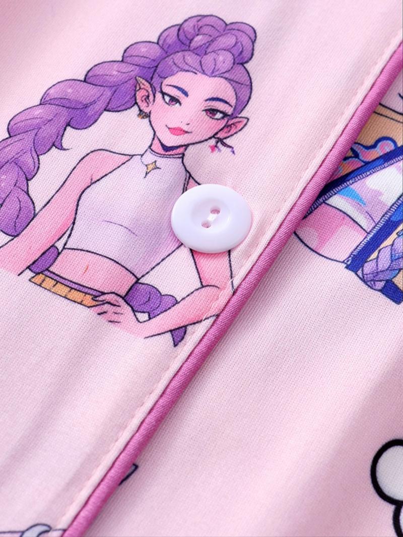 K-Pop Demon Hunter Women's Cartoon Pajama Set, Casual Fitted Two-Piece Sleepwear, Short Sleeve Top & Elastic Waist Pants, Spring & Fall