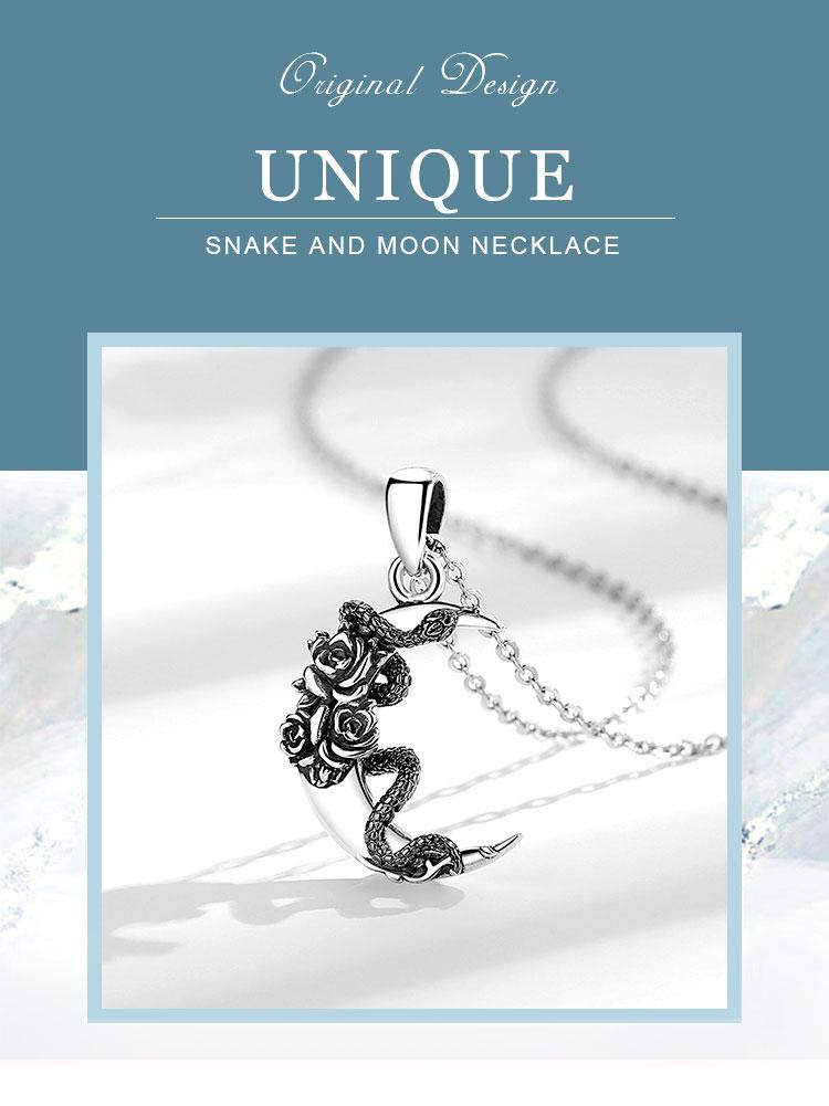 925 Sterling Silver Snake and Moon Pendant Necklace, Gothic Witchcraft Jewelry with Roses, Vintage Jewelry for Women