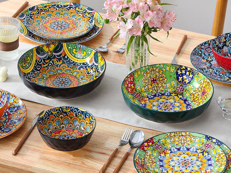 vancasso Pasta Bowls, Ceramic Salad Bowls, Soup Bowls, Pasta Plates, Bohemian Decorative Bowls for Salad, Fruit, Pasta and Dinner, Serving Dishes Set for Party, Dishwasher & Microwave Safe Tableware