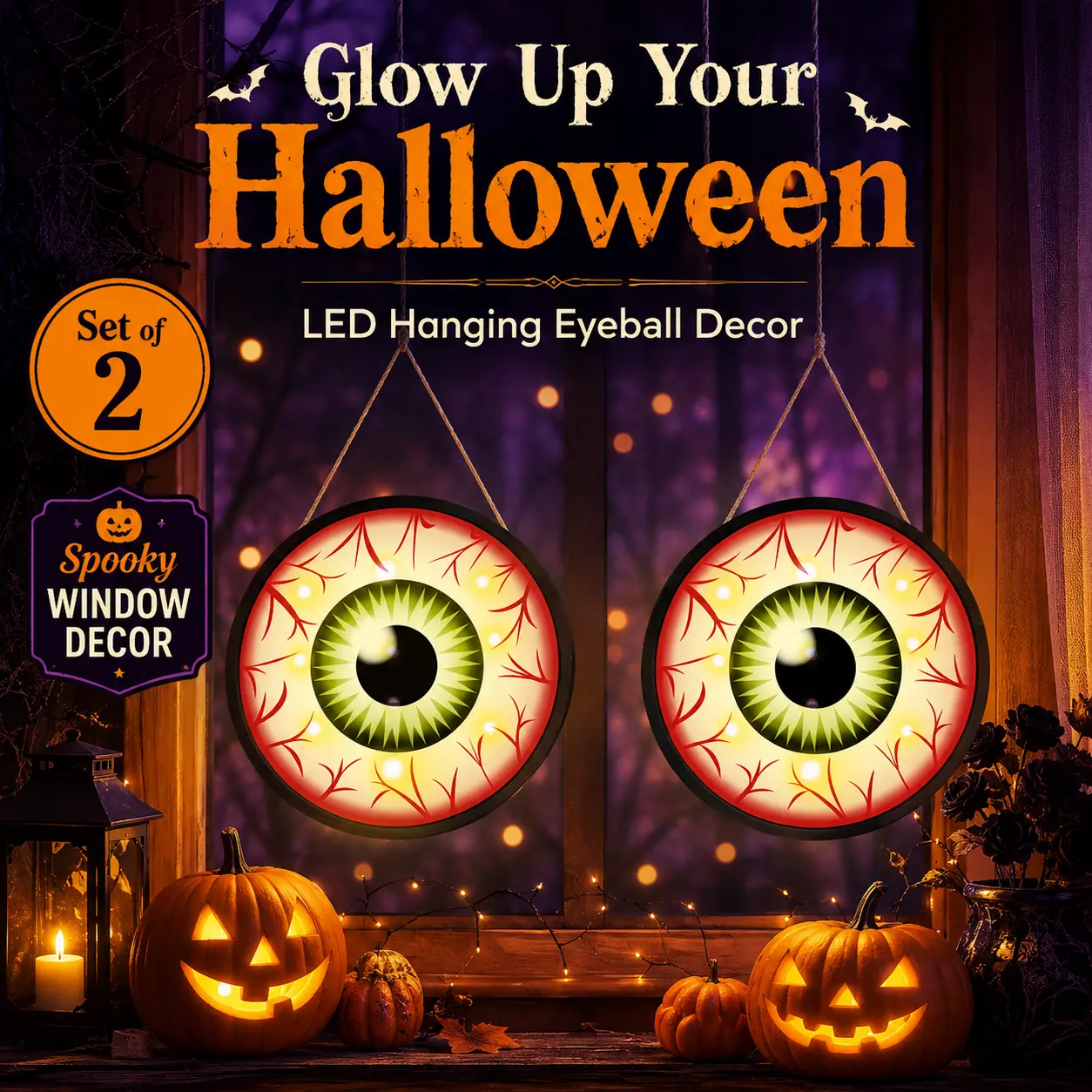 Halloween LED Light‑Up Eyeball Hanging Ornaments, Spooky Glowing Eyeball Window Hanging Decor, Battery Powered Horror Themed Wall Pendant, Festive Indoor Window Porch Decoration for Halloween Party Haunted House Decor