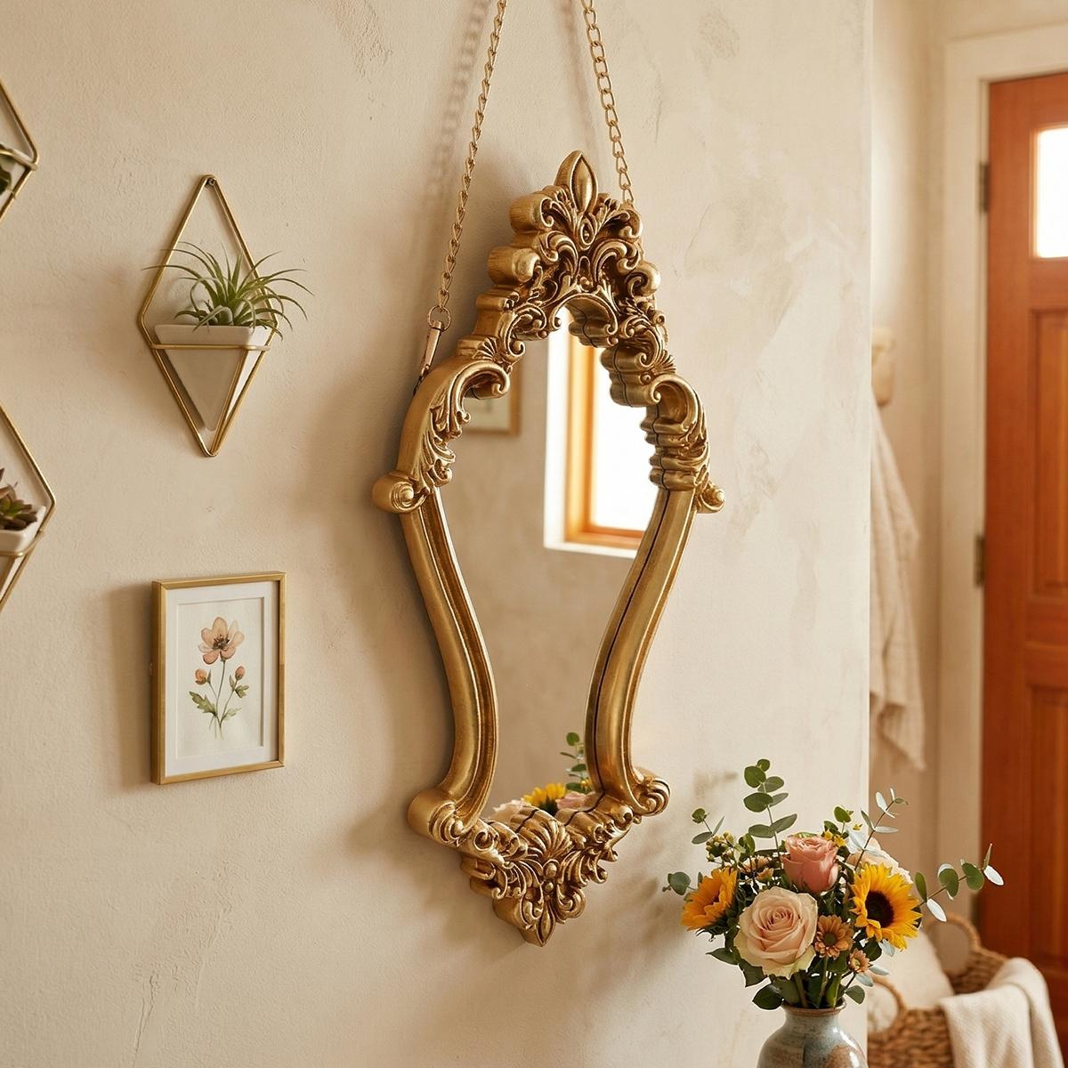 European Vintage Wall Mirror, Resin Hand-Painted Makeup Mirror, Home Decor Art, Bathroom, Vanity, Gift, Photography Prop