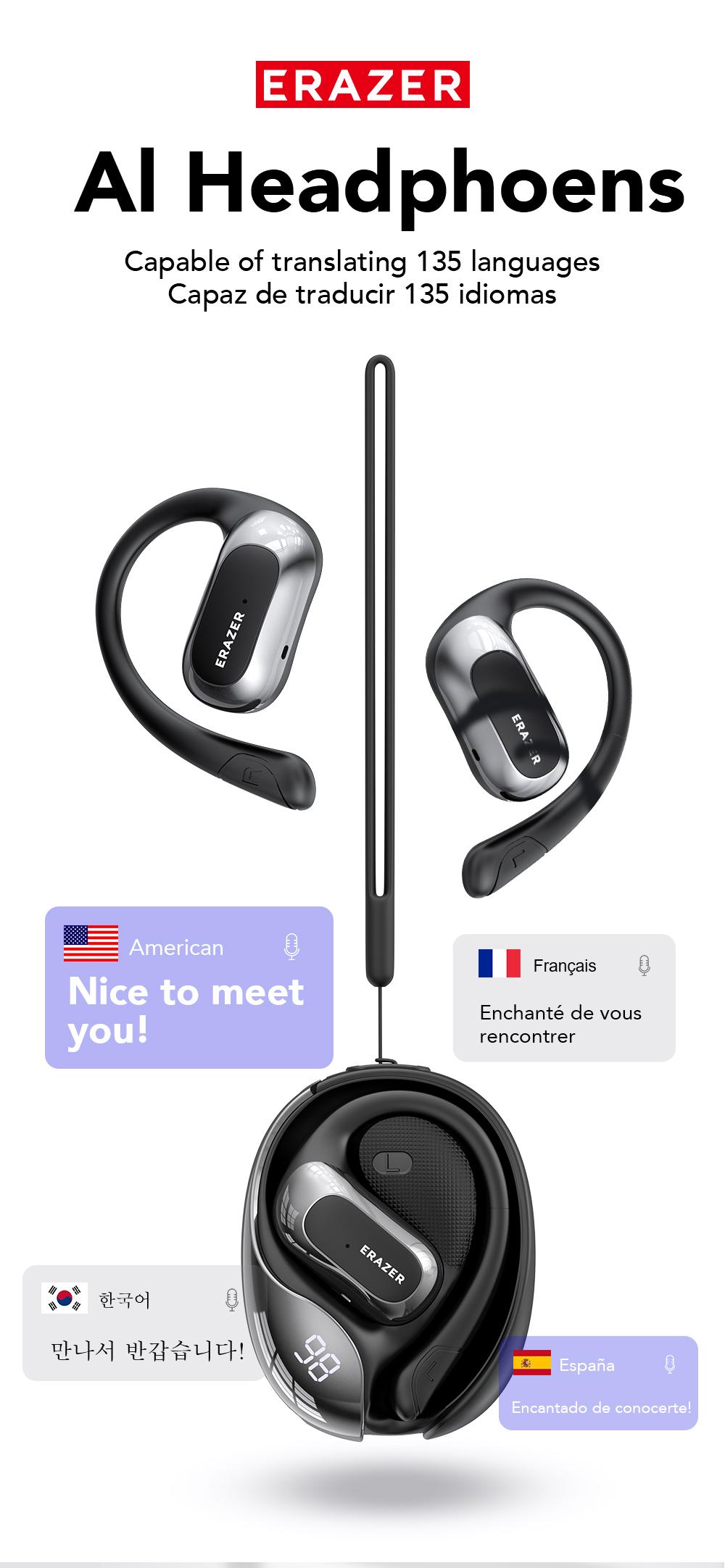 ERAZER X5 AI Translation Earbuds, Real-time Translate with APP, OWS Open-Ear Headphones, Ear Hooks Design , Wireless Earbuds, With HD Mic, Waterproof, Power Digital Display, 24H Playtime, Bluetooth 5.4 Earbuds, Gaming with Low Latency