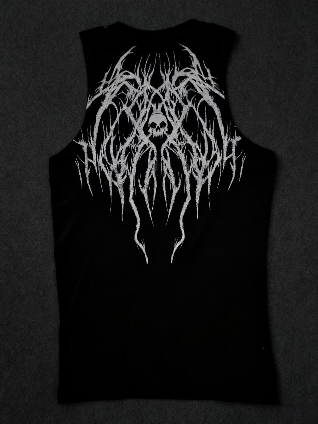 Dark Personality Print Tight Fit Sleeveless T-Shirt, Quick-Dry Elastic Gym Training Top, European Style Muscle Show Sport Vest