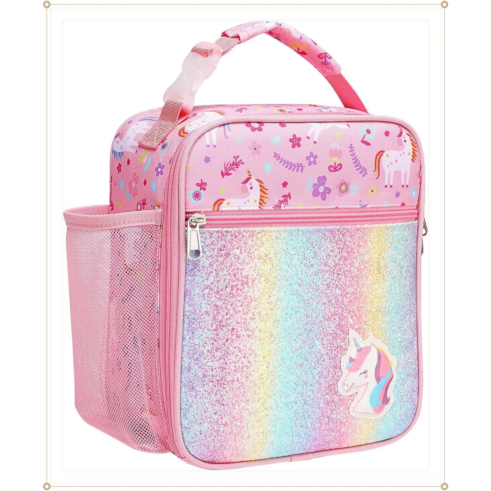 Insulated Kids Lunch Bag for Girls with Easy Carry Handle, Leak Proof, Water Bottle Holder, Roomy Toddler Lunch Box for School, Snacks, Drinks, Picnics & Trips - Pink UnicornGift