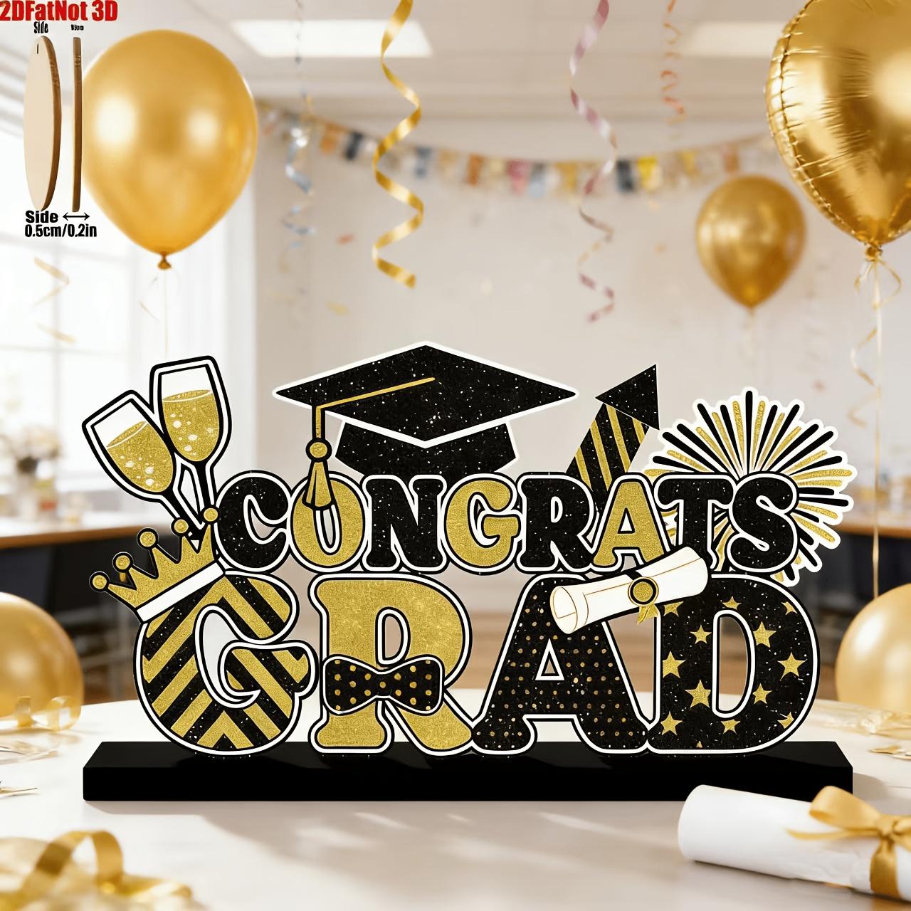 2D Graduation Table Sign, and, Wooden Base, Centerpiece Decor, Suitable for Desk Shelf, Fireplace Shelf, Party Supplies