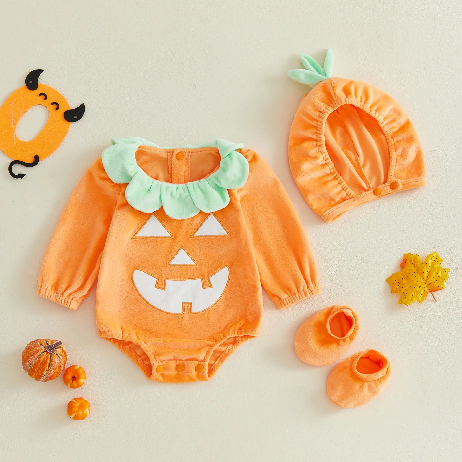 Meihuida 3Pcs Infant Baby Boy Girl Pumpkin Halloween Costume Velvet Romper Bodysuit Pumpkin Hat and Shoes Newborn Cosplay Set
