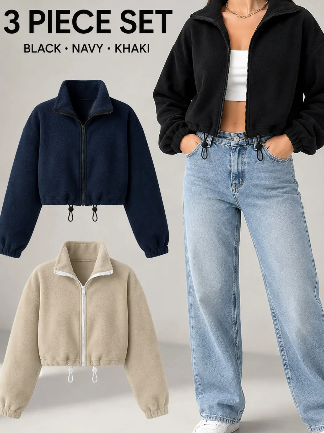 Women’s 3-Pack Cropped Fleece Jackets, Full-Zip Long Sleeve, Stand Collar, Drawstring Hem, Relaxed Fit, Casual Outerwear, Navy &