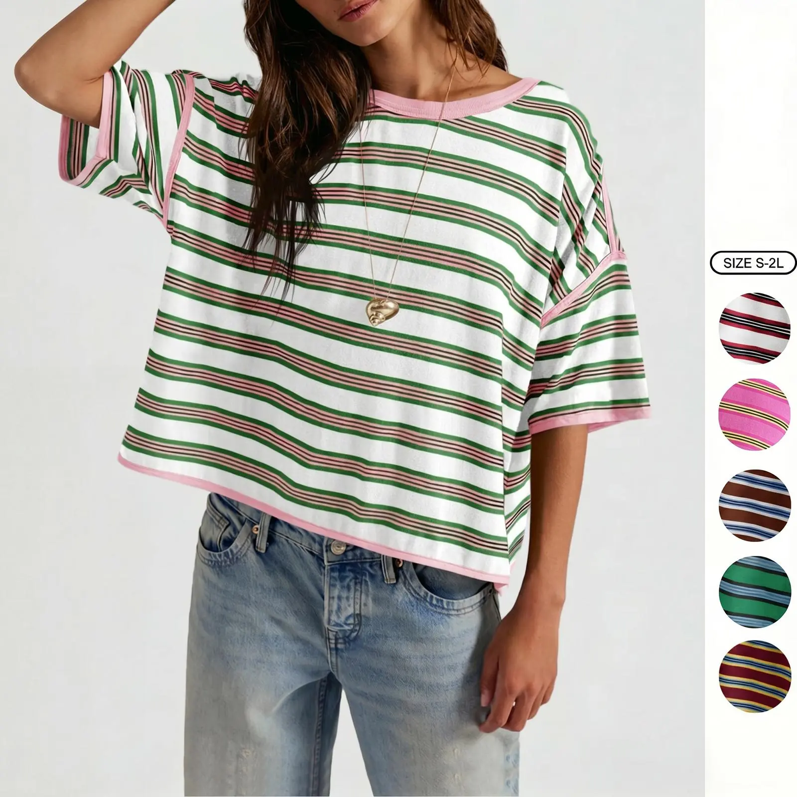 Imily Bela Oversized Womens Striped T-Shirts Summer Casual Color Block Short Sleeve Tops Drop Shoulder Boxy Tees