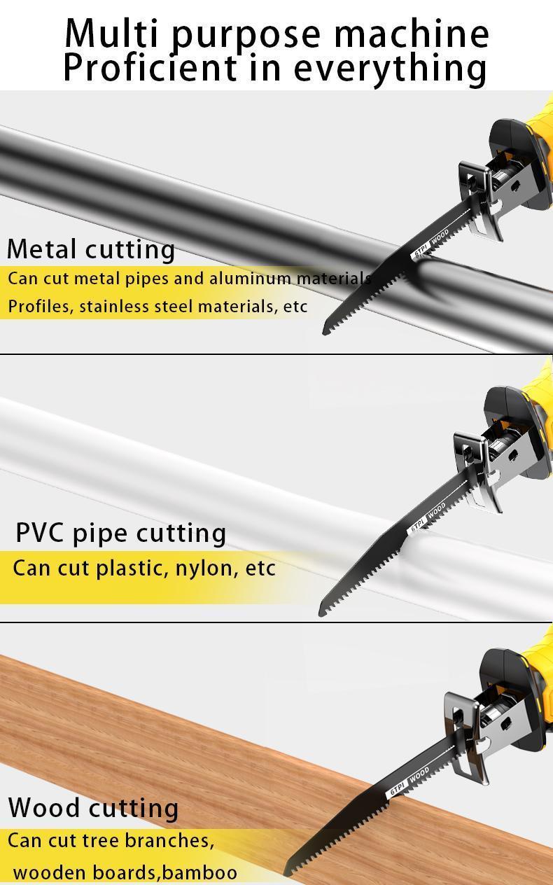 YUNXI reciprocating saw Lithium-ion battery powered cordless saw, cordless saw blade, cordless reciprocating saw, suitable for home and outdoor use, for cutting trees, PVC, thin wood panels and soft metal.