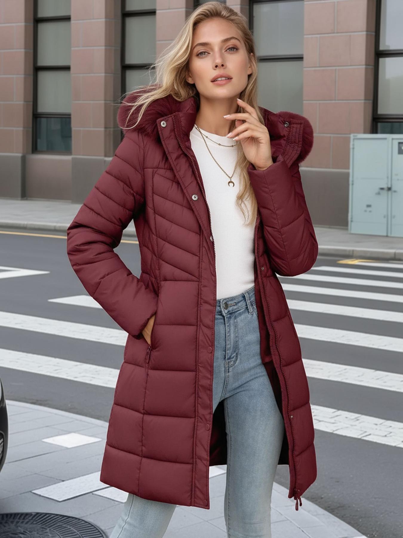 Women's Fall Winter Mid-Length Cotton Coat, Faux Fur Hood and Collar, Casual Fashion Outerwear with Side Pockets and Zipper Design, Quilted Puffer Coat