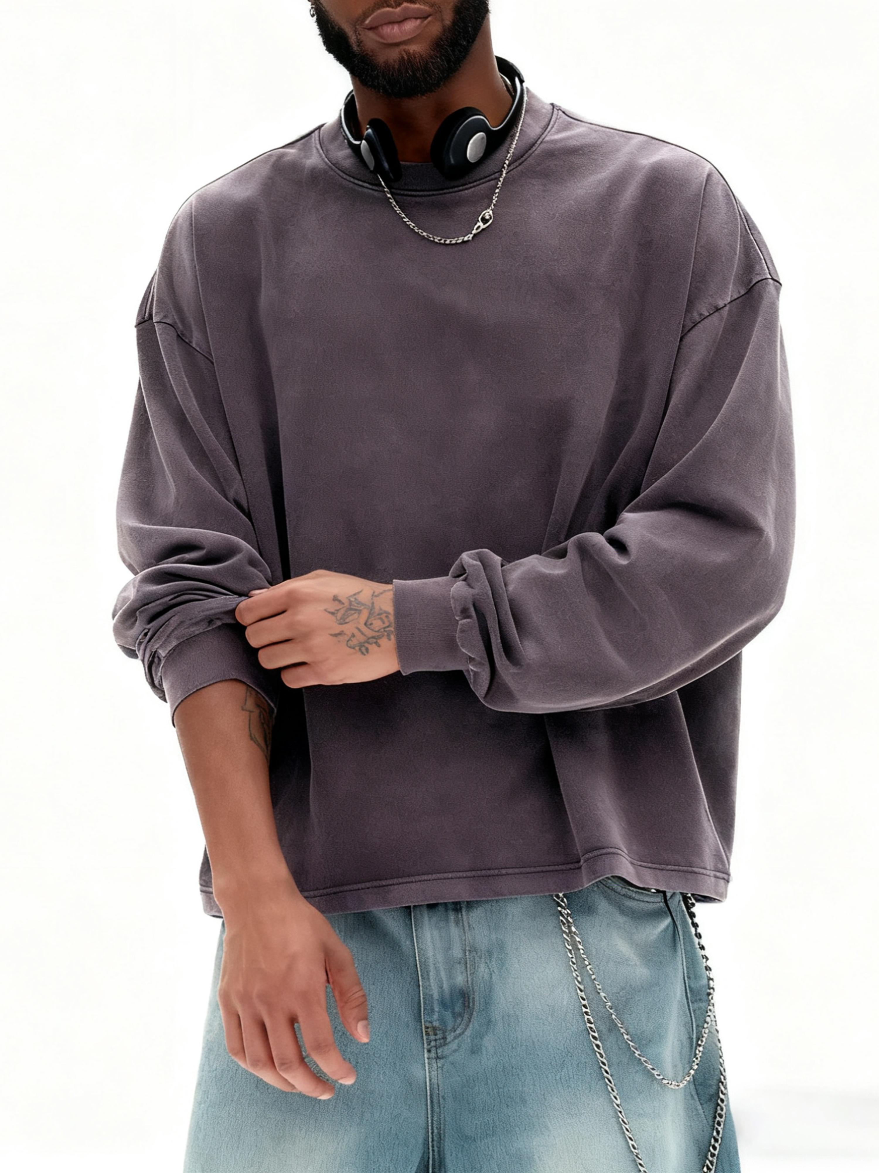 Inflation 100% Cotton 270g Cropped Boxy Fit Washed Oversize Streetwear Long Sleeve T-Shirt Autumn New American Vintage Washed Cotton Tee Short Menswear Top Tshirt Round Neck Crewneck Casual Bestie Operator Beige Plain