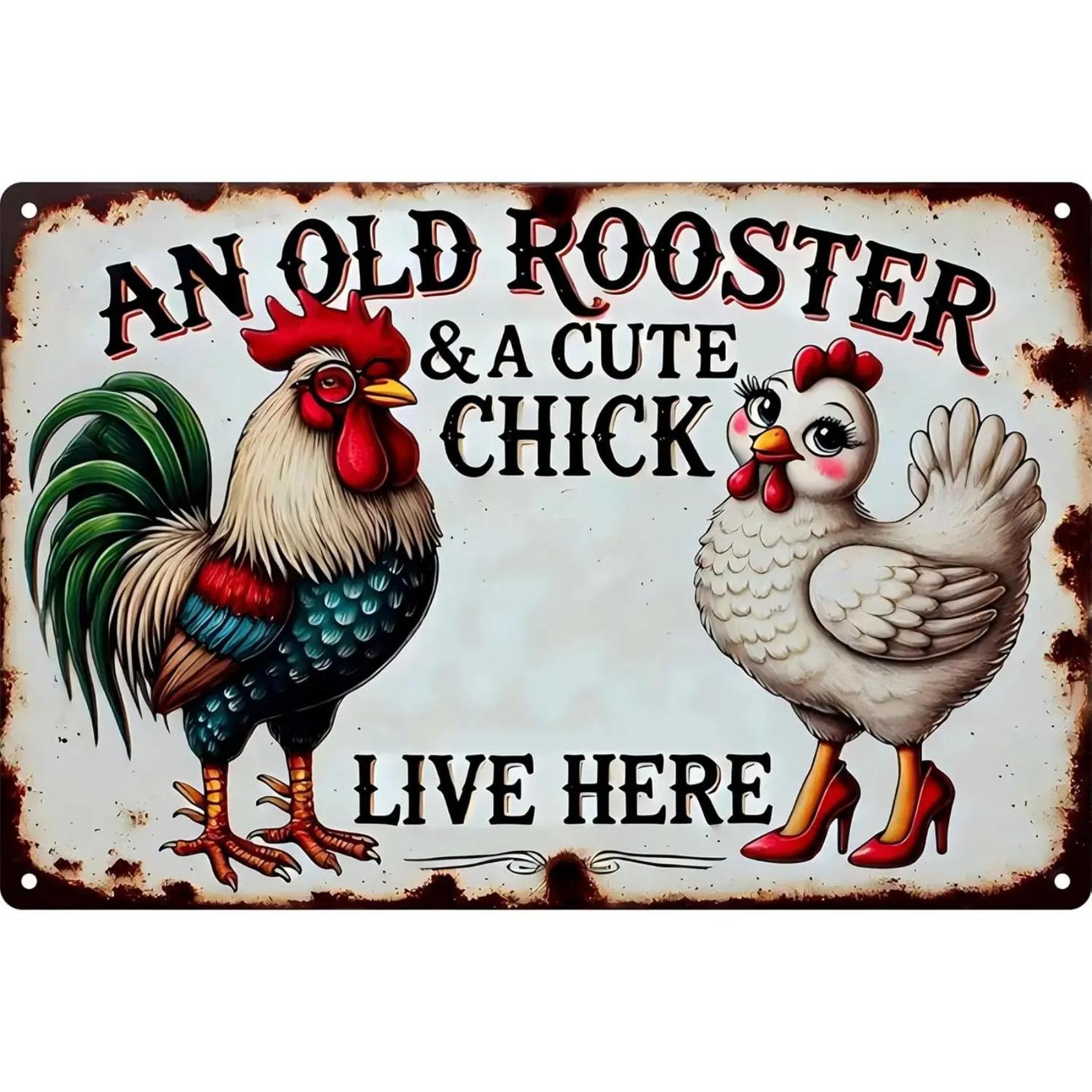 Vintage Chicken Coop Metal Signs - An Old Rooster & A Cute Chick Live Here Chicken Tin Sign, Funny Metal Signs Accessories Outdoor Home Wall Decor 8x12 inch, Home Decor Products, Yard Sign,summervibes