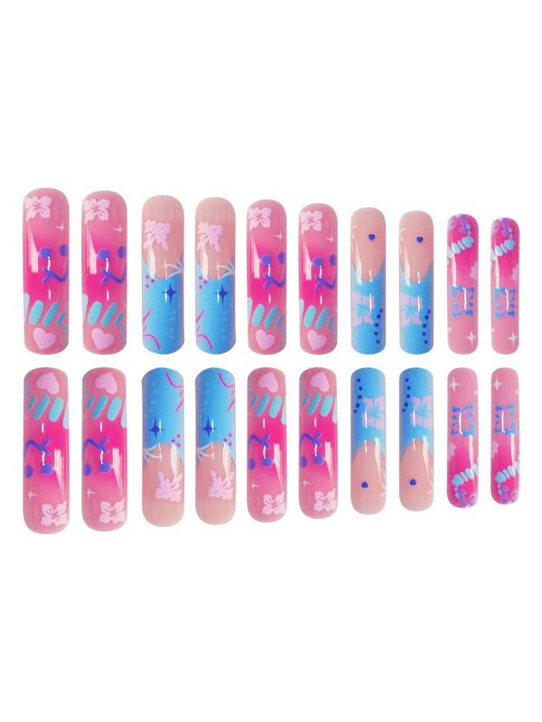 20-Piece Medium Length Press-On Nails Set, Sweet Blue Floral Design with Glossy Finish, Easy to Wear Curved Shape Nail Art for Girls