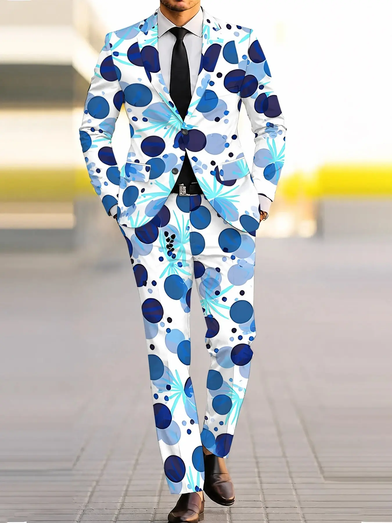 Men's Two-Piece Suit Set, Base Blue Polka Dot Palm Leaf Print Blazer + Pants, Party, Stage, Summer Theme
