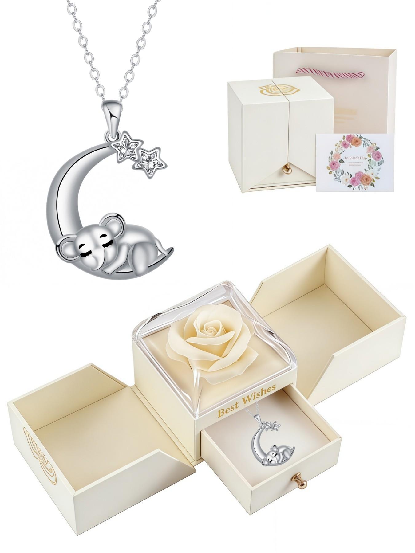 Star & Moon Glow Original niche cute moon and elephant necklace.Paired with a surprise double-door preserved rose jewelry gift box.Ideal gift for birthdays, Mother’s Day and Valentine’s Day.