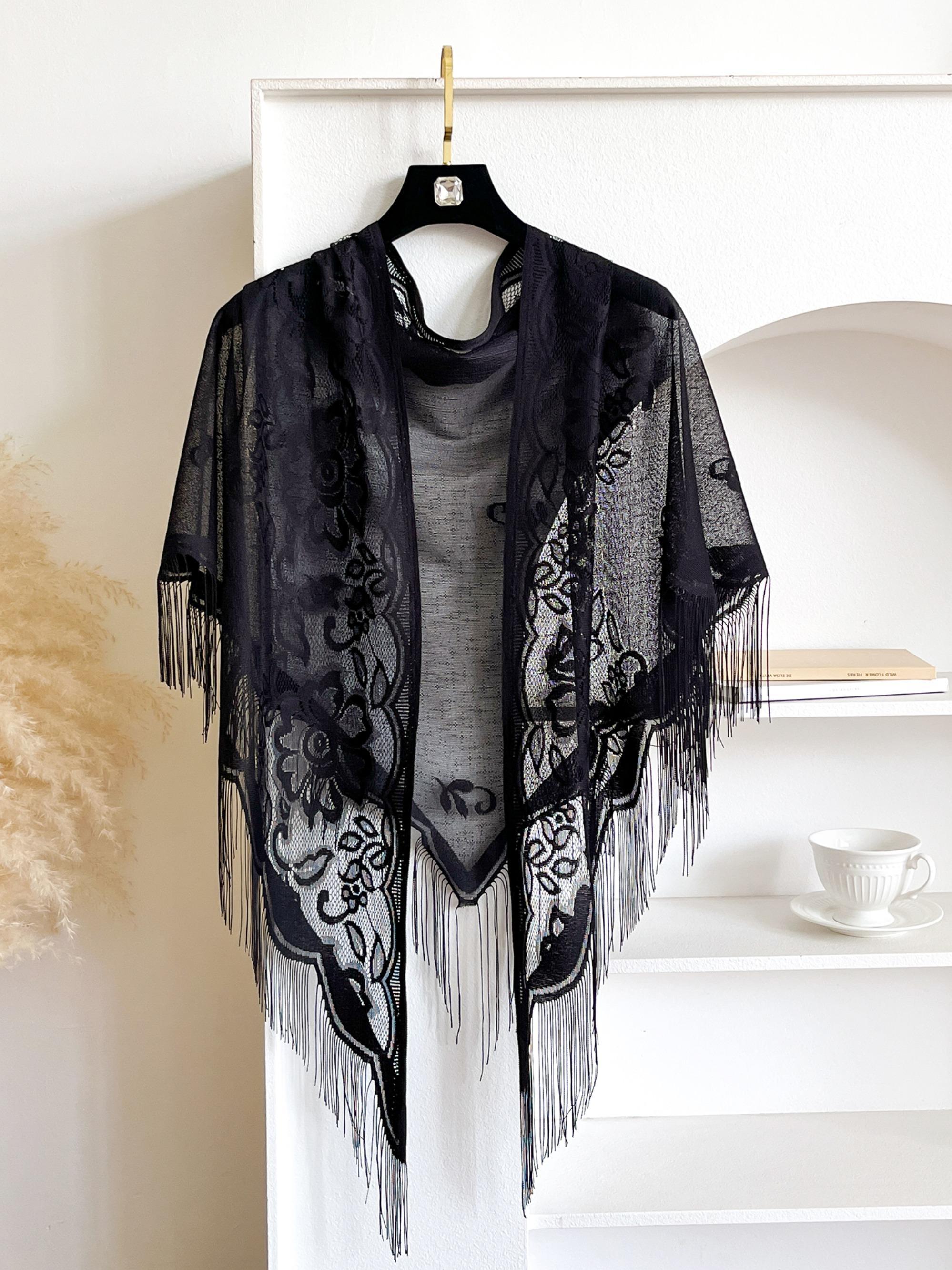 Women's Floral Lace Shawl Wrap, Elegant Sheer Scarf with Fringe Trim, Lightweight Casual Soft Accessory for Daily Wear, Casual Soft Shawl, Floral Print Shawl