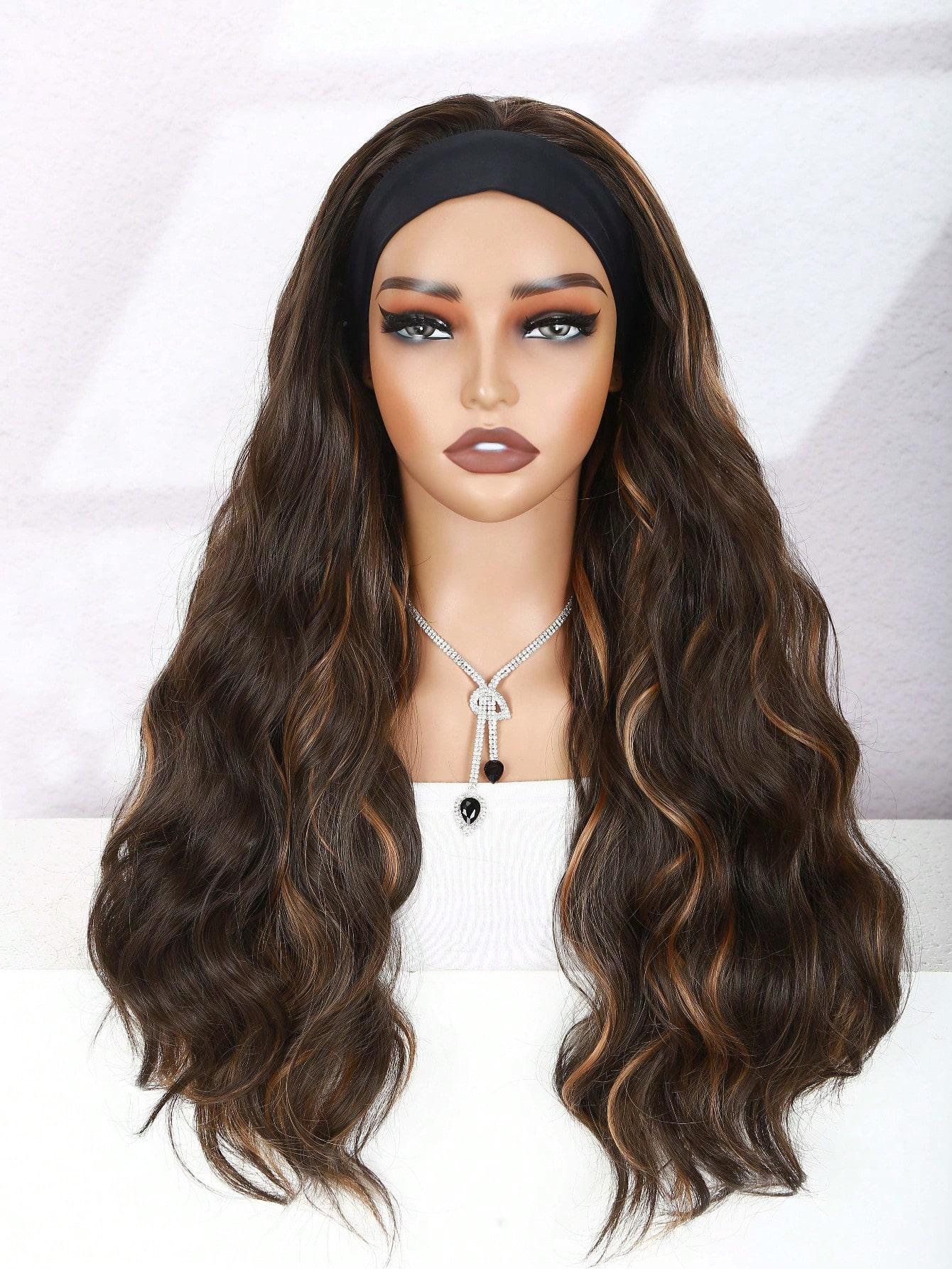 Long Wavy Headband Wig for Women, Blonde Highlight, 200% Density, Glueless, Synthetic Fiber Wigs, Party Daily Use, All Seasons
