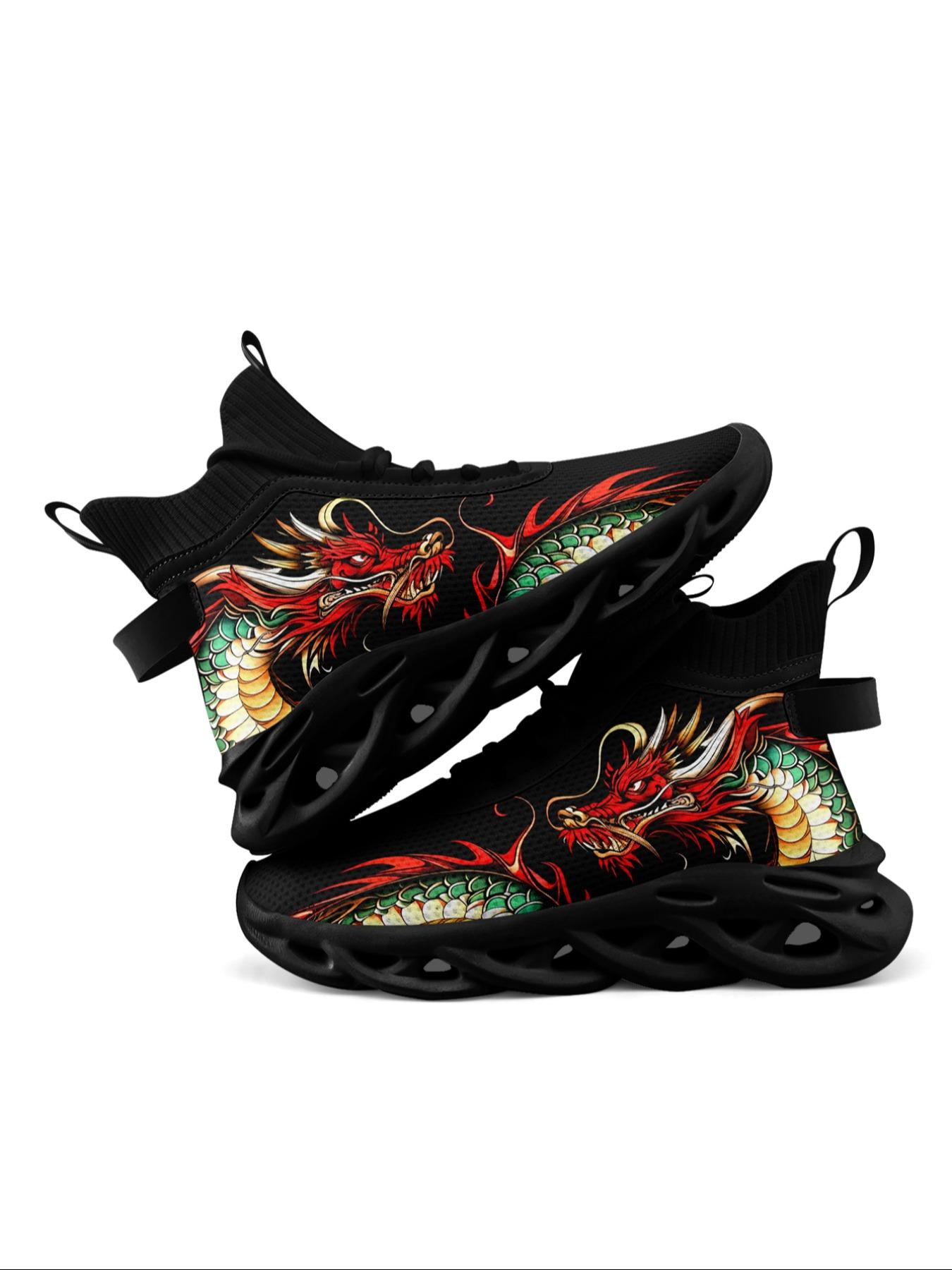 Men's Dragon Print Lace Up High Top Sneakers, Casual Sporty Breathable Comfortable Blade Soles Running Shoes, Male  Round Toe Sports Shoes for Daily Wear