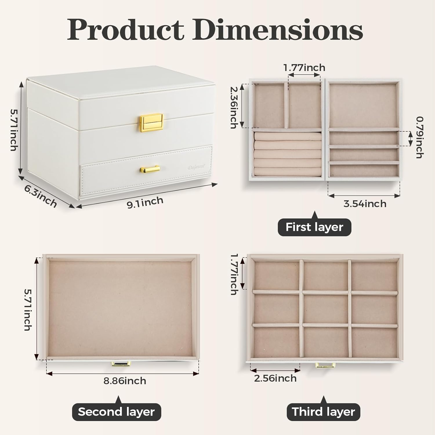 Organizer Box, Large  Boxes for Women Girls, Space-Saving 3 Layers  Storage Case with Drawer, Movable Metal Stand, Modern,  Idea (Cloud White + )