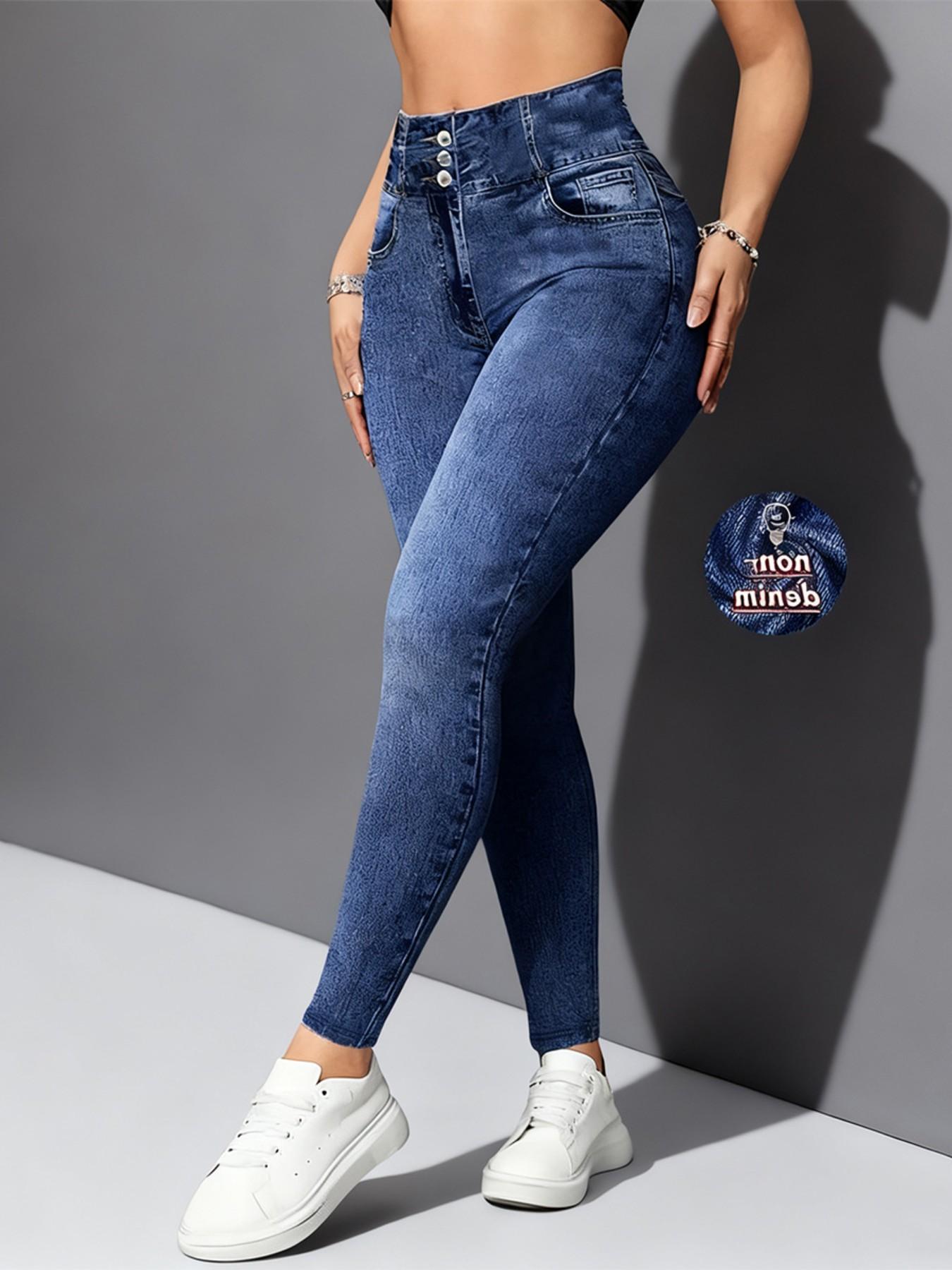 Women High-Waisted Stretch Denim-Style Pants, All-Seasons Slim-Fit Leggings, Breathable & Comfortable, Casual Sporty Style,faux denim fabric Women High-Waisted Stretch Denim-Style Pants, All-Seasons Slim-Fit Leggings, Breathable & Comfortable, Casual Sporty Style,faux denim fabric