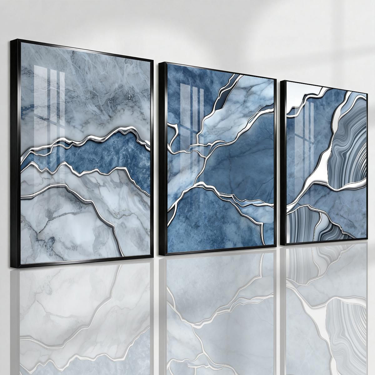 3 Counts Aluminum Alloy Framed Painting, Abstract Blue Marble Texture Art Pictures, Home Decoration For Living Room, Bedroom, Office, Restaurant, Hallway Wall Decor, Odorless Print Artwork, Luxury Perfect Gift For Friends And Family