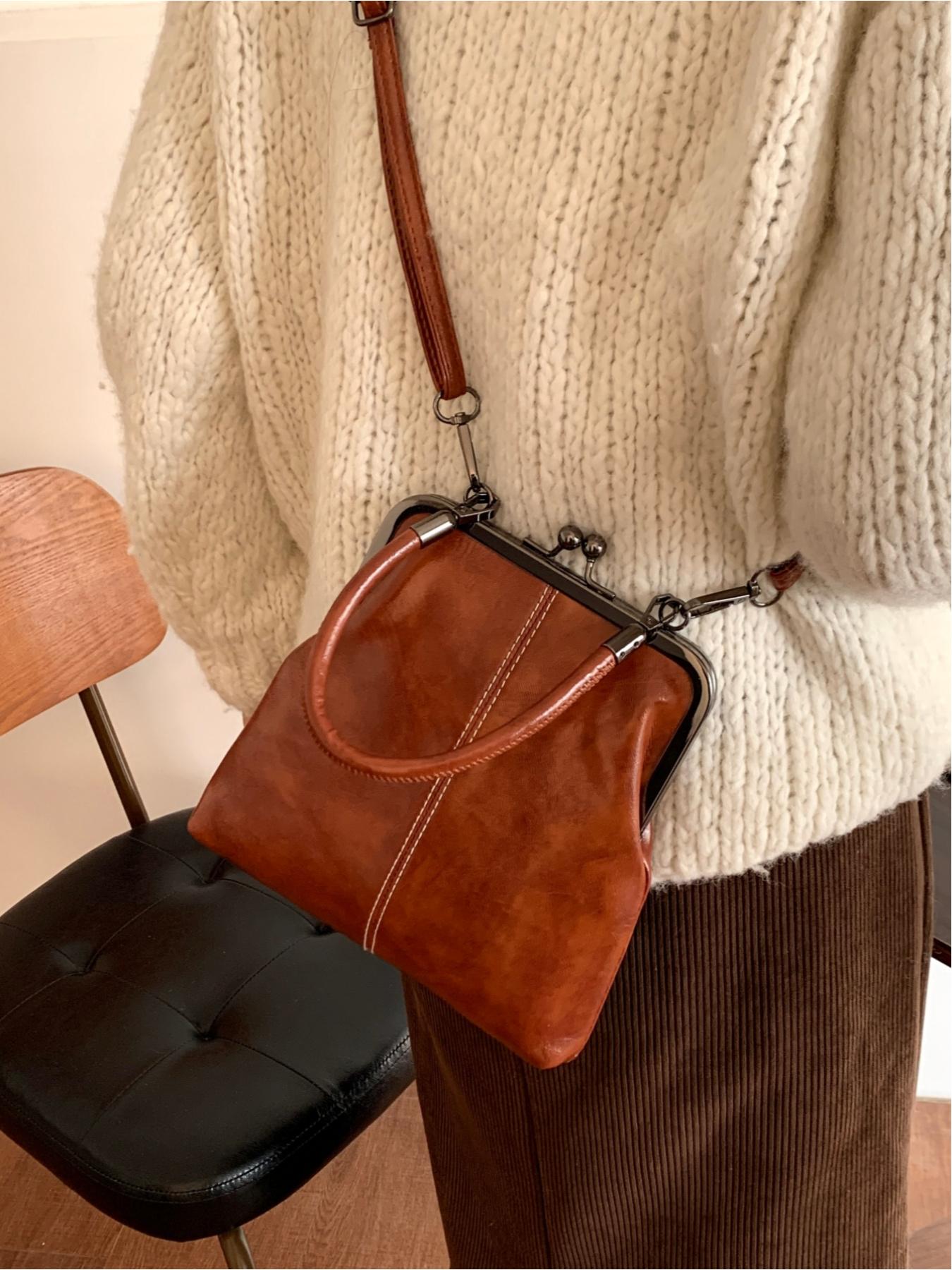 European and American style retro clasp purse, high-end waxed leather crossbody bag, niche design, suitable for parties, dinners, shopping, commuting, and everyday accessories, Lightweight Crossbody Bag, Fashionable Unique Bags