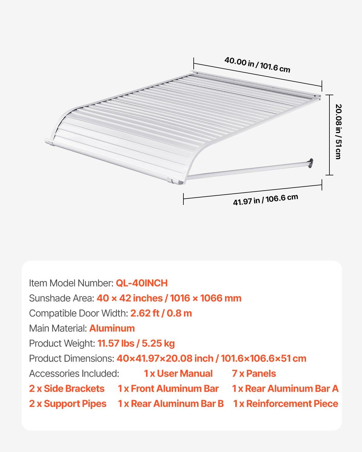 【Summerfinds】VEVOR Rectangular Aluminium Awning, 40x42 in Sturdy Stable UV-Prevention Exterior Canopy, Windproof Weatherproof Lightweight for Door Entrance Windows, Patio