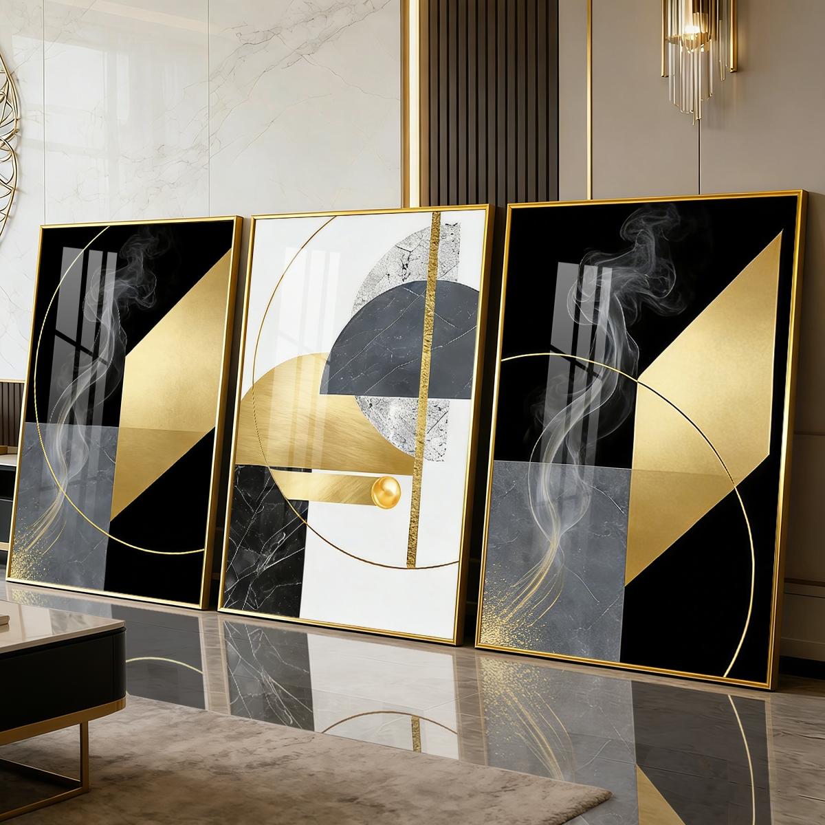 3 Counts Aluminum Alloy Framed Painting, Abstract Geometric Gold And Black Art Pictures, Home Decoration For Living Room, Bedroom, Office, Restaurant, Hallway Wall Decor, Odorless Print Artwork, Luxury Perfect Gift For Friends And Family