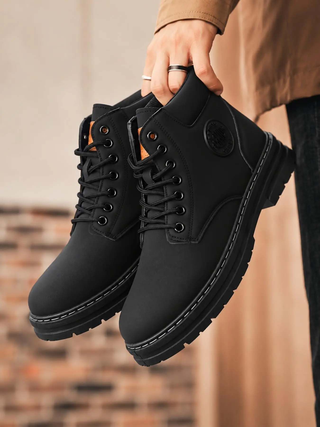 Men's Black High-Top Work Boots, Anti-Slip Thick Sole, Comfortable Breathable, Round Toe Laces, Casual Winter Shoes, Youth & Elderly