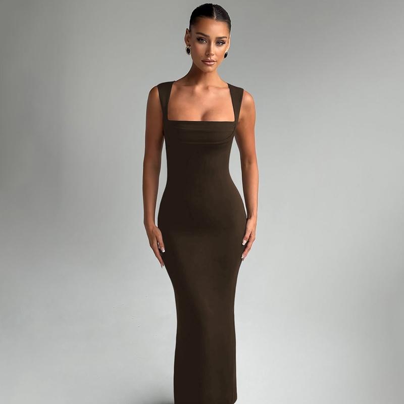 Women's Solid Color Square Neck Bodycon Tank Dress, Elegant Sleeveless Long Dress for Party Club Night Out Holiday Evening, Ladies Summer Clothes