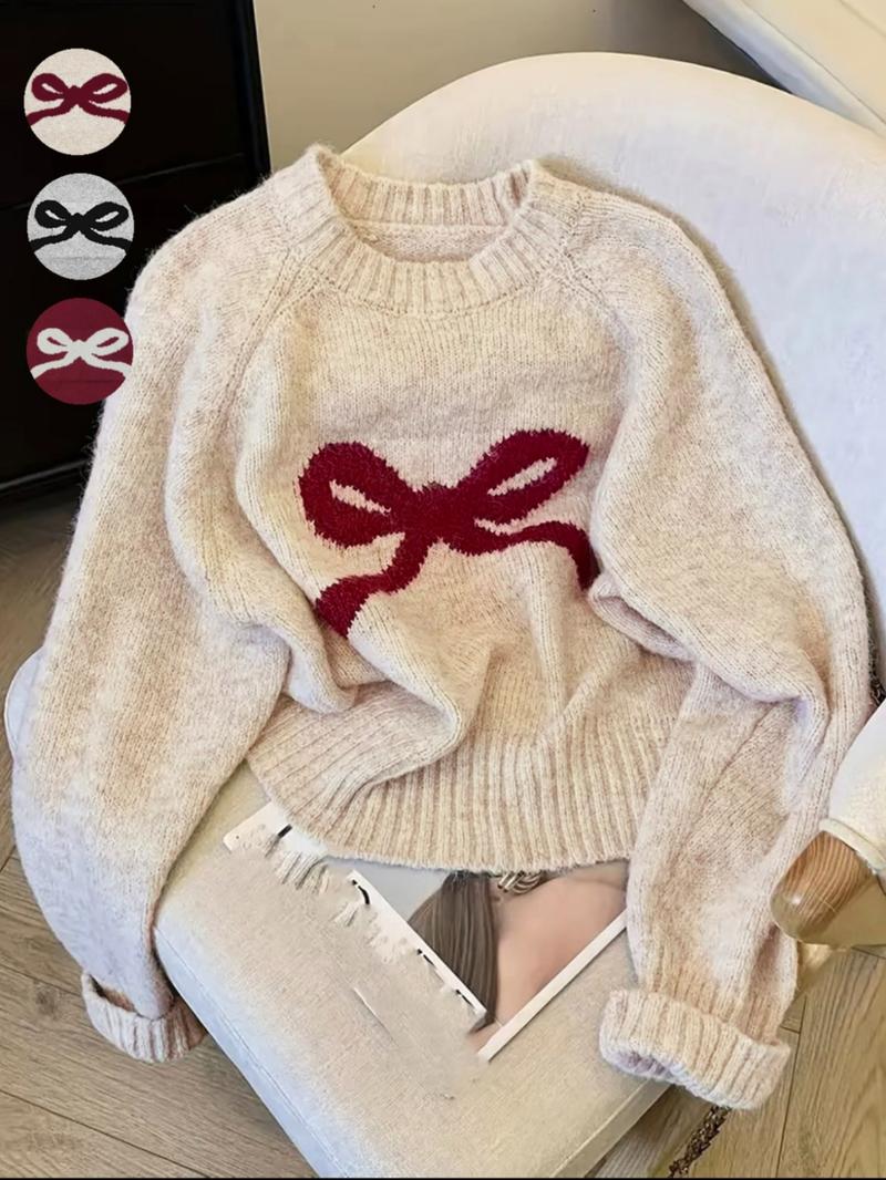 Elegant Women's Loose Bow Embroidered Moire Sweater, Casual Round Neck Long Sleeve Knitwear, Spring & Fall Fashion