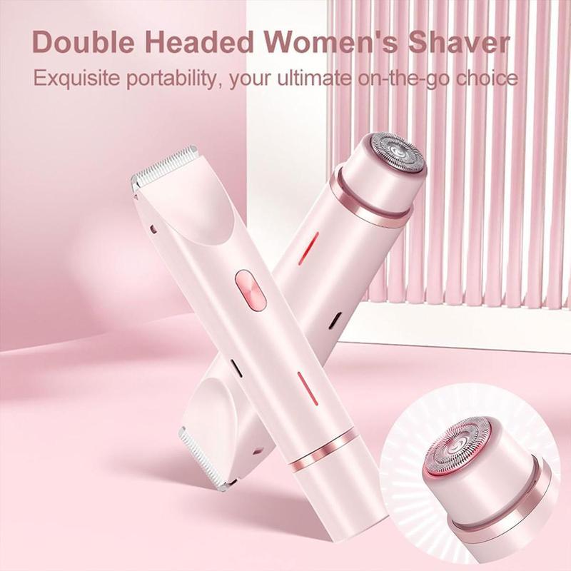Bikini Trimmer for Women, Electric Shaver and Razor Rechargeable 2-in-1 Body and Facial Epilator, Dual Heads for Painless Trimming of Pubic Hair, Face, Underarms and Legs, Summer Gift