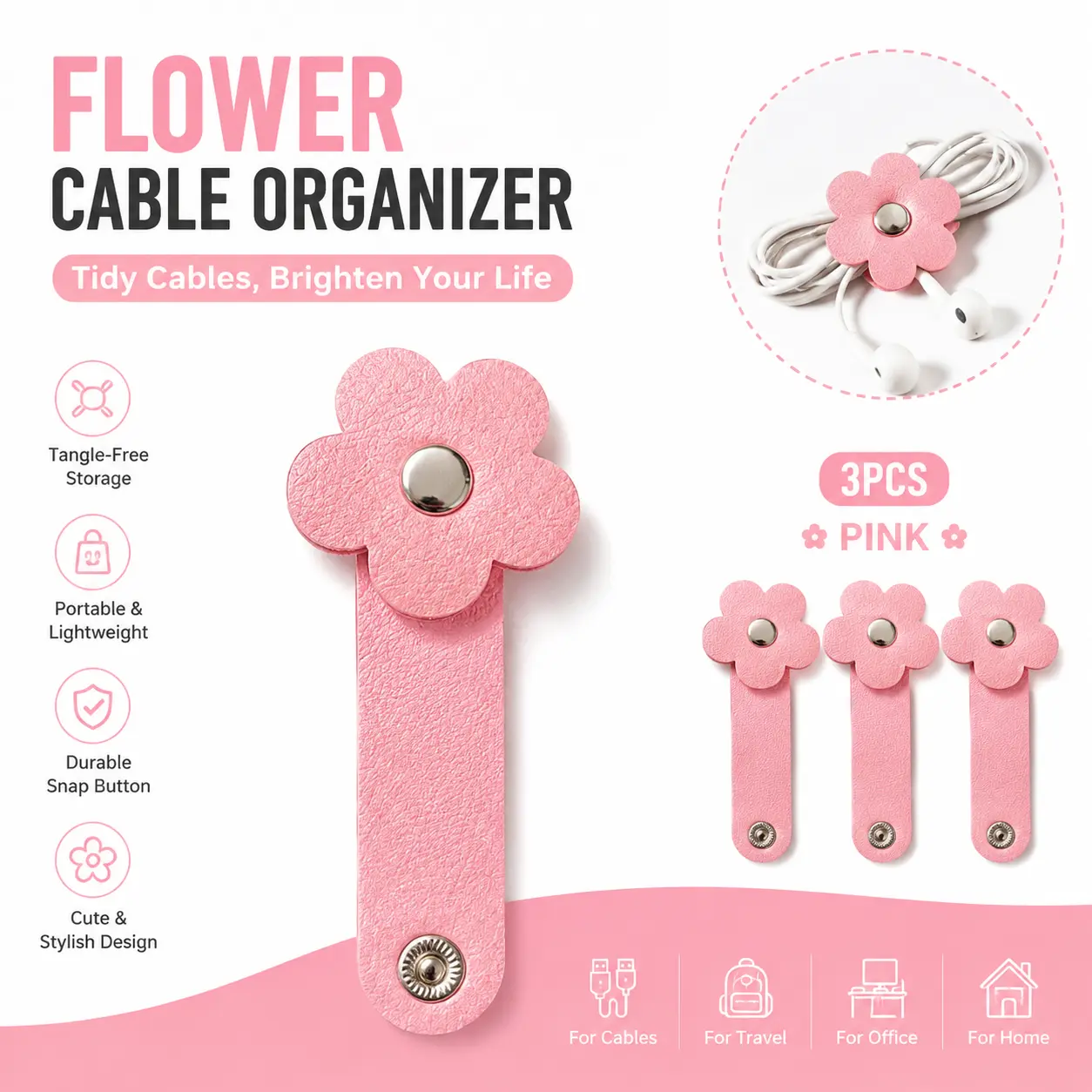Flower Shaped Cable Organizer, 3 pcs PU Leather Cable Organizer, Earphones Headphones Cable Winder Organizer, Desk Organizer for Home Office-YY0