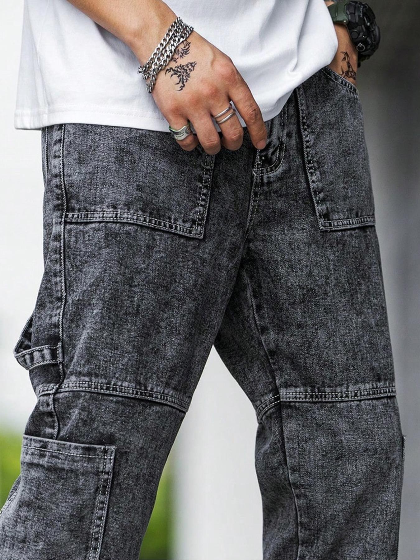 Men's Casual Loose Fit Multi-Pocket Workwear Straight Leg Denim Jeans, Deep Patchwork Street Style Long Pants, All Season Wear