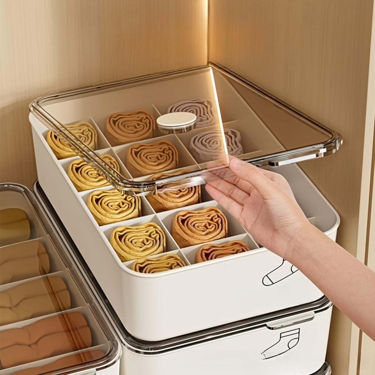 3-Section Underwear and Socks Organizer Box, Covered Closet Drawer Storage Container for Bras, Underwear, Socks and Shorts, Stackable Space-Saving Wardrobe Organizer for Dorm Room and Home