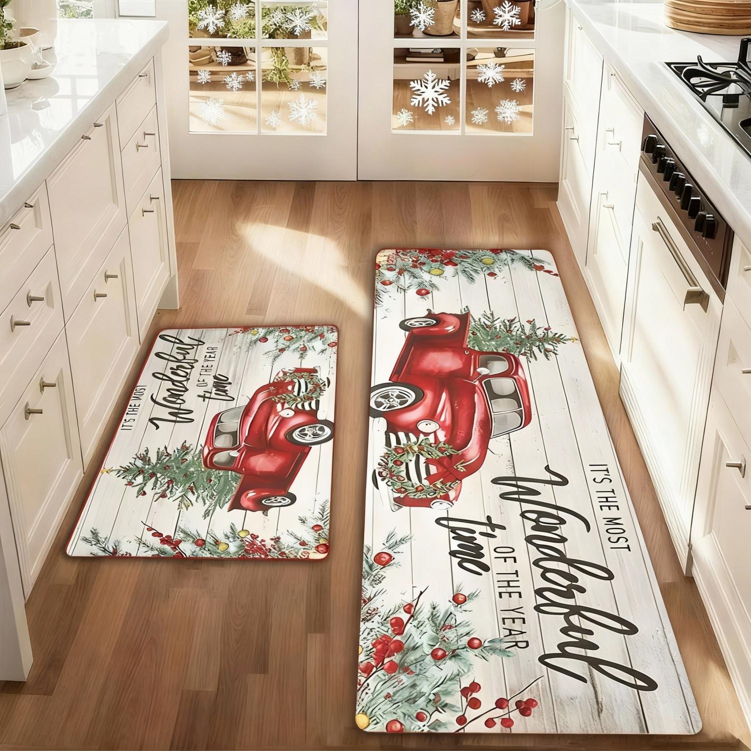 2 Counts Christmas Kitchen Rug Set, Santa Gingerbread Man Christmas Tree Dwarf Gnomes Pattern, Non-Slip Soft Low Height, Holiday Party Floor Mat Home Decor, Home Decor Rugs