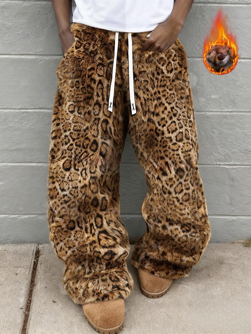 Unisex Leopard Camo Fleece Wide Leg Pants, Soft Rabbit Fur Fabric, Fall & Winter Warm Comfort, Street Hip Hop Style, Daily Wear Unisex Leopard Camo Fleece Wide Leg Pants, Soft Rabbit Fur Fabric, Fall & Winter Warm Comfort, Street Hip Hop Style, Daily Wear