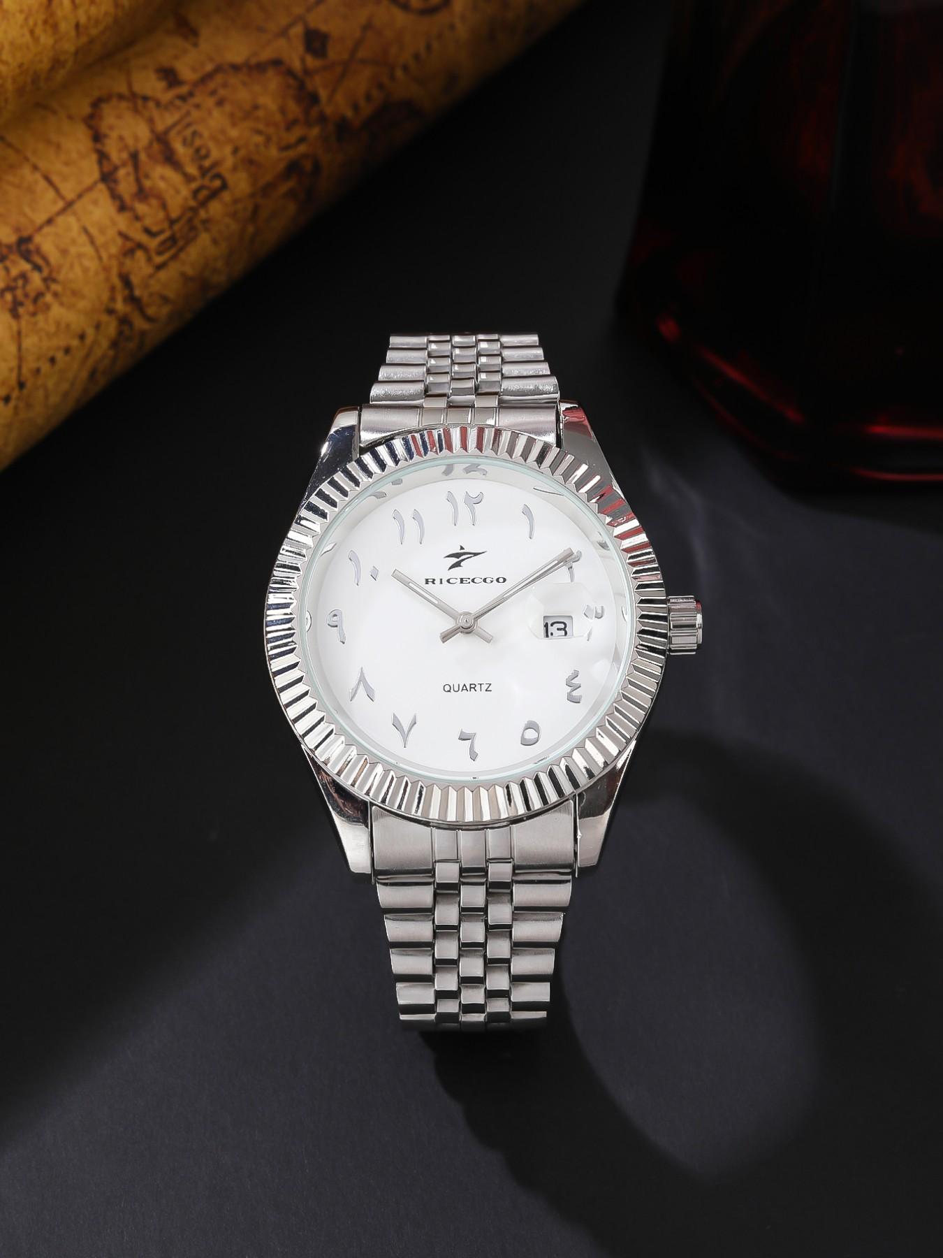 1pc Men's Analog Quartz Wristwatch, Arabic Numerals, Durable Stainless Steel Bracelet, Stylish and Versatile Accessory, Date Function, Suitable for Any Occasion, with Box, Analog Watches!