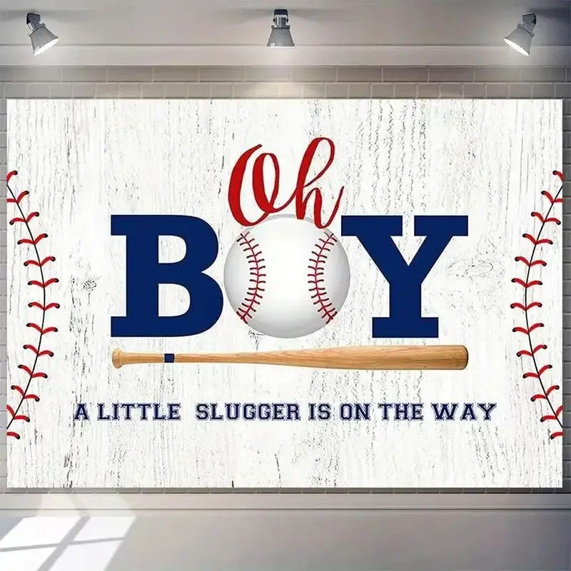 1pc Baseball Backdrop "Oh Boy A Little Slugger is on The Way" Decor -Durable Fabric, Navy Blue & Red Baseball Theme Party Decoration for Weddings, Birthdays, Banners Ornaments