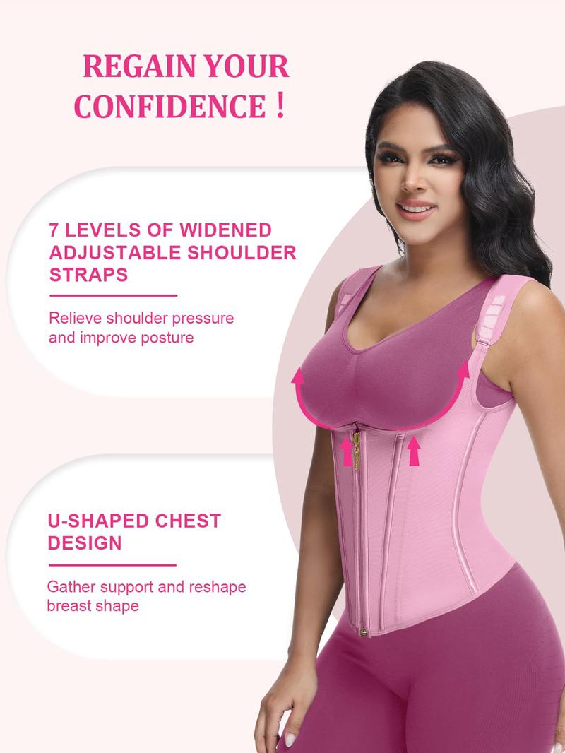 Women's Solid Color Zipper Hooks Waist Trainer Corset, Tummy Control Shapewear Tops, Adjustable Hooks Body Shaper for Women, Firm Tummy Control