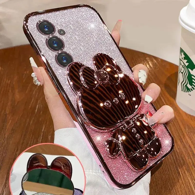 Glitter Mirror Rabbit Stand Smartphone Case - Shockproof Protection for Samsung A07,A17,A56,A36,A26,A16,A06,A55,A35,A25,A15,A05S,S25 FE,S24,S23 Ultra Plus - Handheld Cellphone Devices Cover, Casing