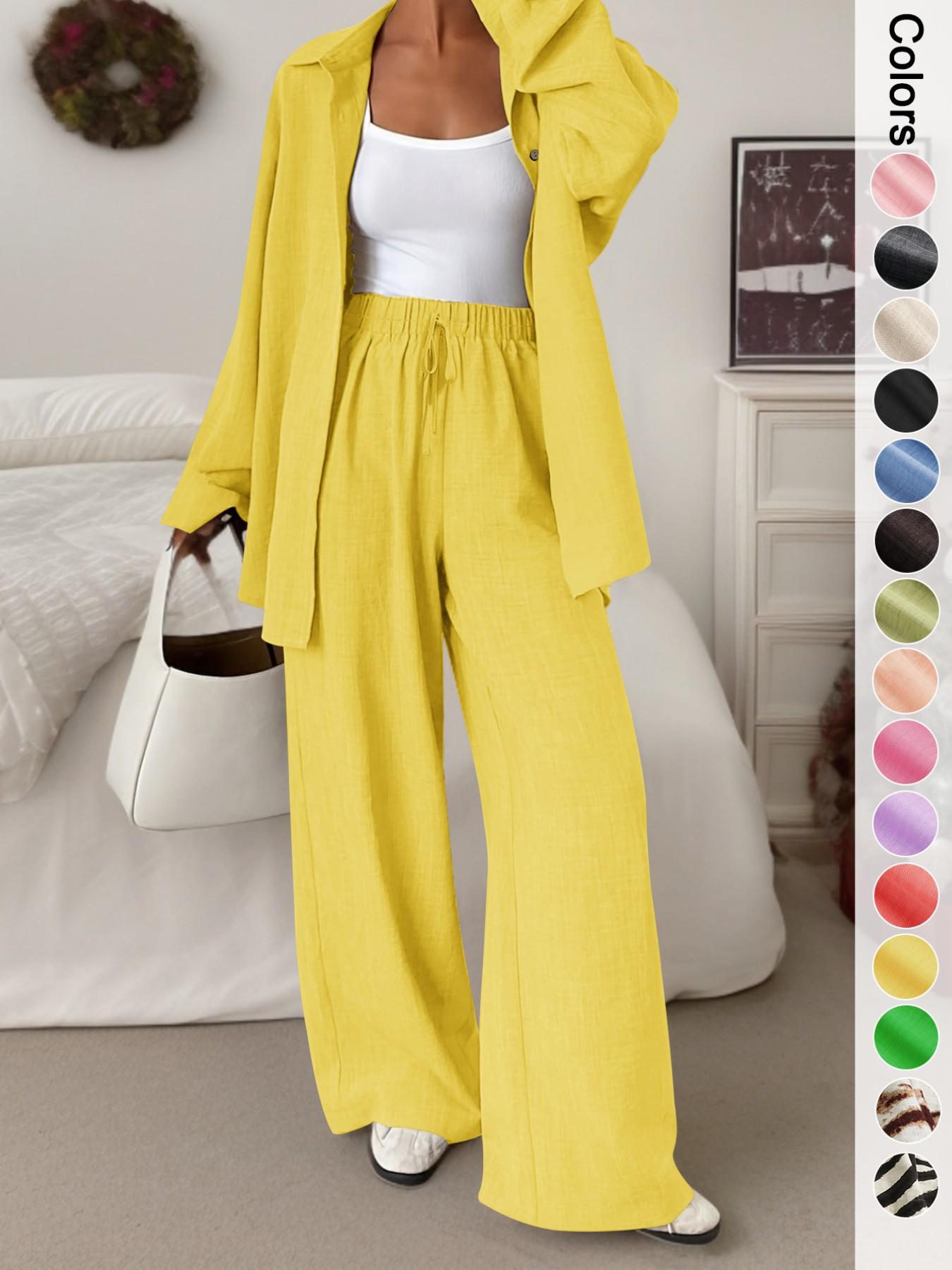Women's Casual Sporty Shirt Long Pants Set, Loose Button-Up Top Wide Leg Pants Two-Piece Set, Comfortable and Stylish