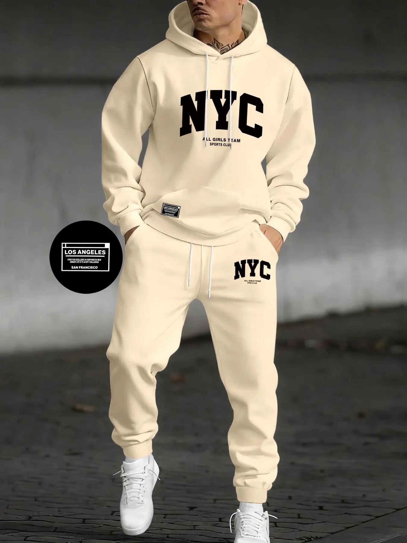 Men's Letter Print Hoodie Set, Kangaroo Pocket Drawstring Hooded Sweatshirt + Waistdrawstring Sport Pants 2 Piece Set, Fall & Winter Casual Fashion, Streetwear Tracksuit Set, Sweatsuit Set, Loose Casual Athleisure