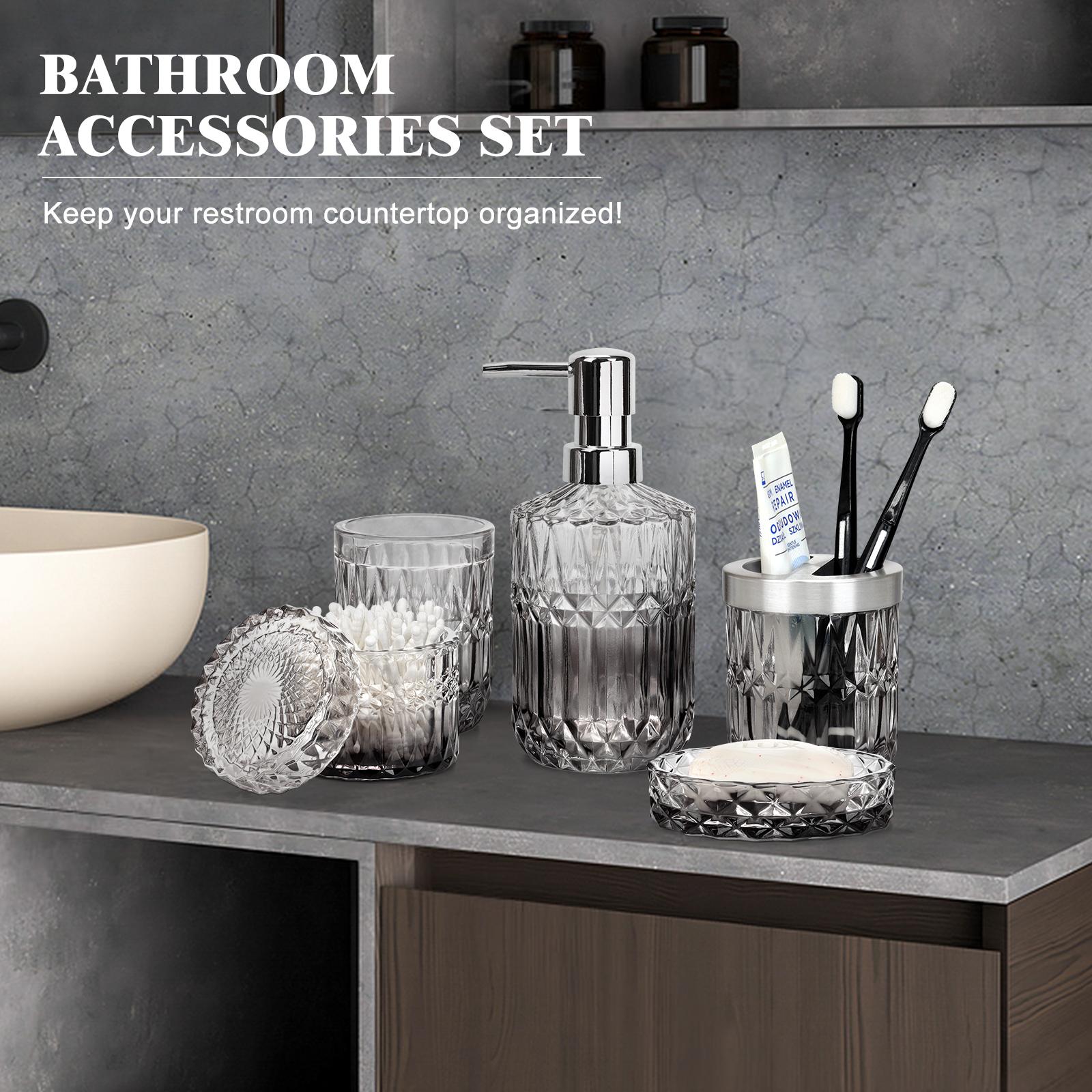 PLL Green Bathroom Accessories Set, 5Pcs Clear Glass Bathroom Accessories, Vanity Bathroom Decor, Hand Soap Dispenser, Soap Dish, Toothbrush Holder Set, Modern Countertop Organizer, Housewarming Gift Set PLL Green Bathroom Accessories Set, 5Pcs Clear Glass Bathroom Accessories, Vanity Bathroom Decor, Hand Soap Dispenser, Soap Dish, Toothbrush Holder Set, Modern Countertop Organizer, Housewarming Gift Set
