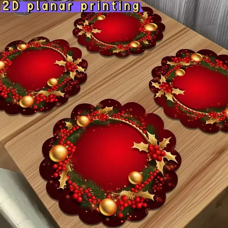 【Black Friday】Elegant Christmas Placemats, Wreath Holly Berry Snowflake Design, 2D Flat Print Polyester Mat, Perfect for Holidays, Weddings, Dinners, Table Placemats