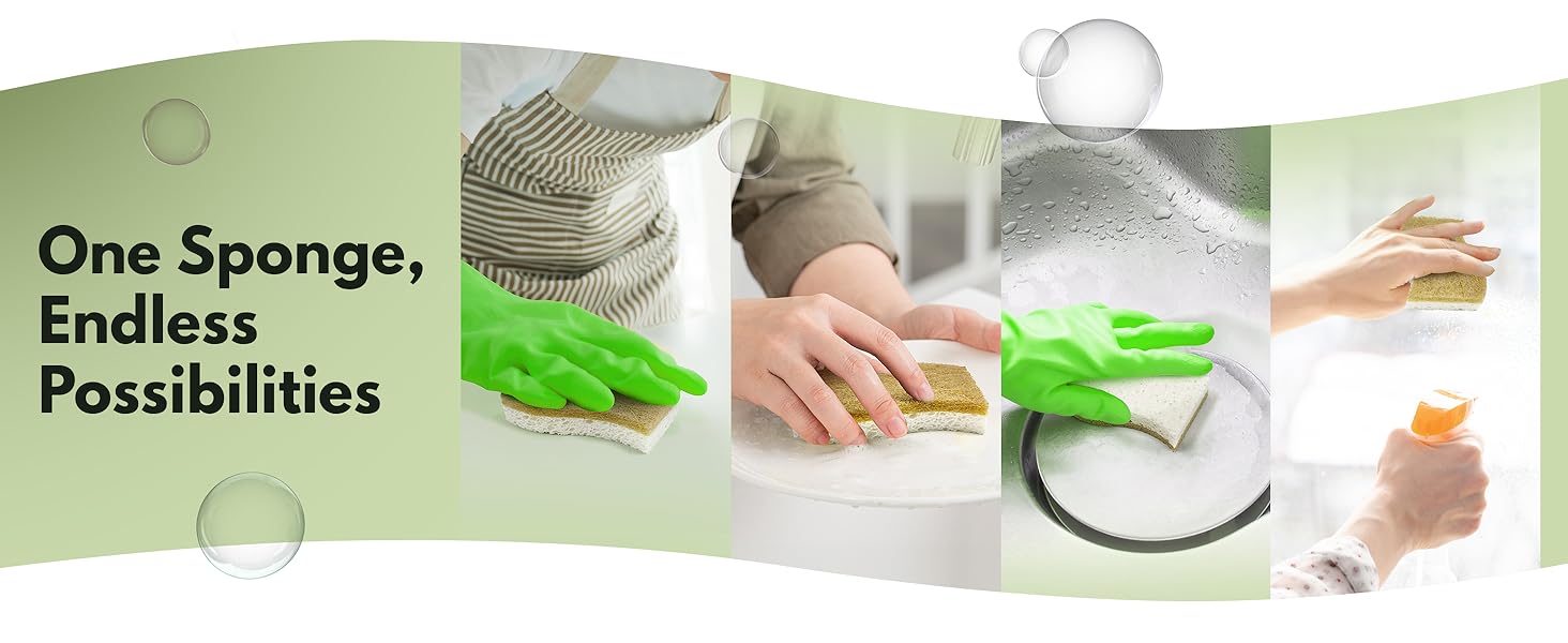 Natural Kitchen Sponges (12 Pack) - Biodegradable Cellulose & Coconut Scrubber Dish Sponges for Kitchen - Eco-Friendly, Non Scratch, Compostable, Non Toxic S-Shaped Natural Sponges for Dishes
