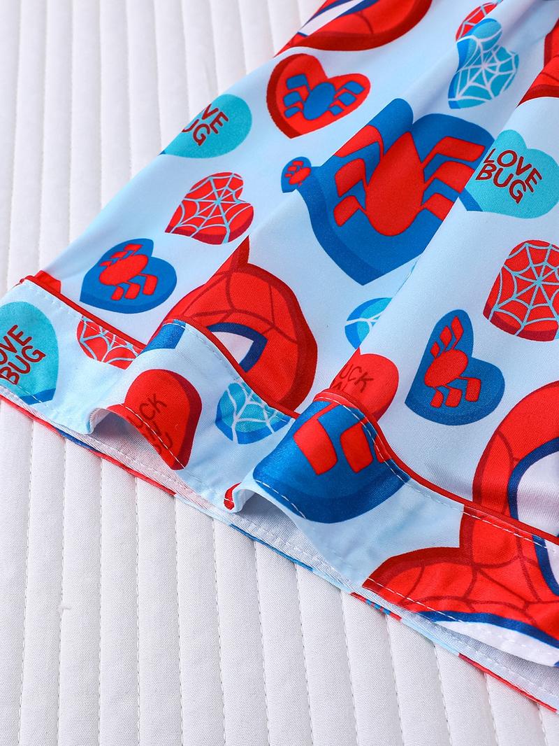 2-piece Valentine's Day Women's Blue Bottom Full of Spider Web Love Spider Love Cartoon Character Pattern Printed Short Sleeve Shorts Soft and Comfortable Top Small Pocket Elastic Waist Head Suitable for Four Seasons Home Daily Casual Pajama Set