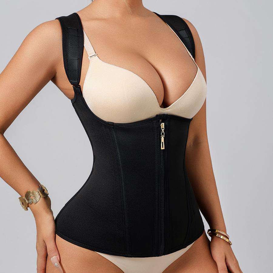 Women's Compression Corset Shapewear Top - Nylon Blend, Breathable Mesh High-Stretch Vest with Steel Bones, U-Shaped Chest, Adjustable Zipper, Hooks, Straps for Tummy Smoothing, Waist Trainer