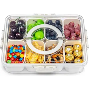 Pure Future Air-Tight Snackle Box Container –Divided Serving Tray with Lid & Handle–Clear Snack box for Fruits, Candy & Nuts–Portable for Travel & Daily Use (8 Inside Containers Dishwasher Safe)