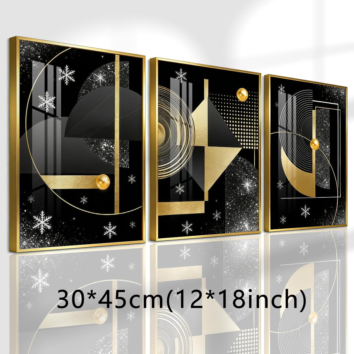 3 Counts Aluminum Alloy Framed Painting, Geometric Gold And Black Abstract Art Pictures, Home Decoration For Living Room, Bedroom, Office, Restaurant, Hallway Wall Decor, Odorless Print Artwork, Luxury Perfect Gift For Friends And Family